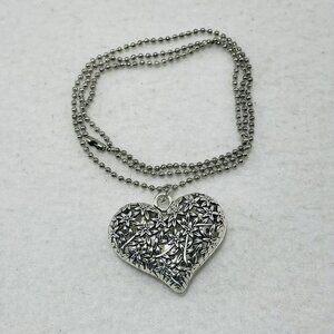 Silver Heart Pendant Necklace Chain Long 24” Flower Textured Filigree Crafted